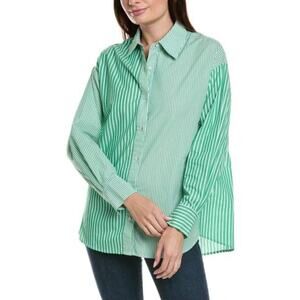 Cabi Preppy Oversized Dad Striped Green Button Down Top Size Small